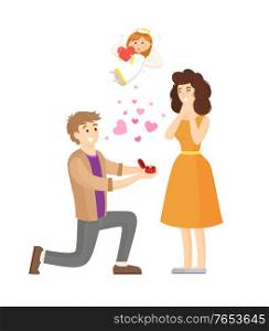 Man standing on knee and making proposition vector, surprised woman, angel above people. Bride and groom happy of engagement, marriage of pair in love. Proposal of Man, Romantic Moment, Angel Child