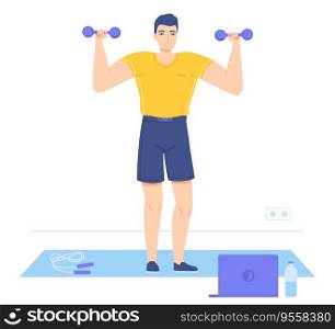 Man standing on mat lifting dumbells during watching education video. Online workout, muscle gains, home training, arm muscle building concept. Stock vector illustration in flat style.. Man standing on mat lifting dumbells during watching education video. Online workout, muscle gains, home training, arm muscle building concept. Stock vector illustration in flat style