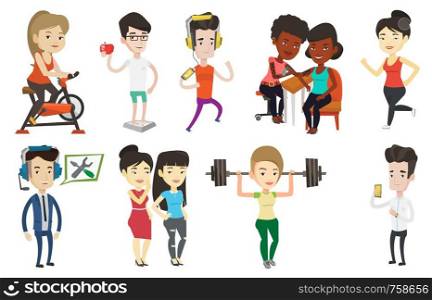 Man standing on scales and holding an apple in hand. Man adheres to a healthy lifestyle. Man satisfied with the result of diet. Set of vector flat design illustrations isolated on white background.. Vector set of sport characters.