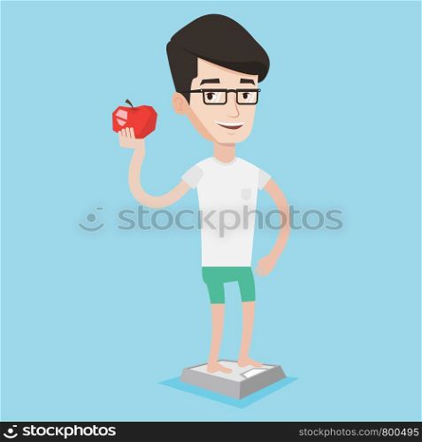 Man standing on scales with apple in hand. Man leading a healthy lifestyle. Man satisfied with result of his diet. Joyful man on diet. Dieting concept. Vector flat design illustration. Square layout.. Man standing on scale and holding apple in hand.