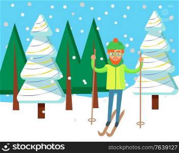 Man standing on snow hill near snowy fir-tree. Active leisure of male skiing near spruce. Snow weather outdoor, person in sleights going by slope. Postcard of activity in winter holiday vector. Postcard of Winter Activity, Man Skiing Vector