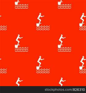 Man standing on springboard pattern repeat seamless in orange color for any design. Vector geometric illustration. Man standing on springboard pattern seamless