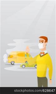 Man standing on the background of car with traffic fumes. Man wearing mask to reduce the effect of traffic pollution. Concept of toxic air pollution. Vector flat design illustration. Vertical layout.. Air pollution from vehicle exhaust.