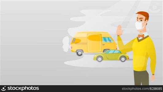 Man standing on the background of car with traffic fumes. Man wearing mask to reduce the effect of traffic pollution. Concept of toxic air pollution. Vector flat design illustration. Horizontal layout. Air pollution from vehicle exhaust.
