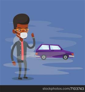Man standing on the background of car with traffic fumes. Man wearing mask to reduce the effect of traffic pollution. Concept of toxic air pollution. Vector flat design illustration. Square layout. Air pollution from vehicle exhaust.