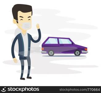 Man standing on the background of car with traffic fumes. Man wearing mask to reduce the effect of traffic pollution. Air pollution concept Vector flat design illustration isolated on white background. Air pollution from vehicle exhaust.