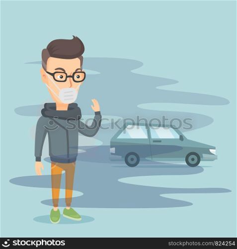 Man standing on the background of car with traffic fumes. Man wearing mask to reduce the effect of traffic pollution. Concept of toxic air pollution. Vector flat design illustration. Square layout.. Air pollution from vehicle exhaust.