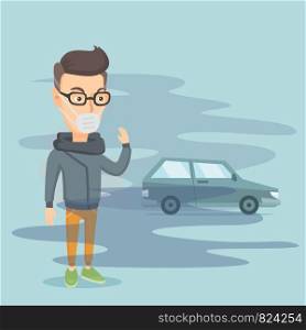 Man standing on the background of car with traffic fumes. Man wearing mask to reduce the effect of traffic pollution. Concept of toxic air pollution. Vector flat design illustration. Square layout.. Air pollution from vehicle exhaust.