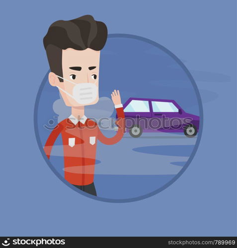 Man standing on the background of smoking car. Man wearing mask to reduce effect of traffic pollution. Concept of air pollution. Vector flat design illustration in the circle isolated on background.. Air pollution from vehicle exhaust.