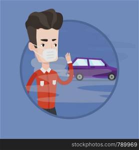Man standing on the background of smoking car. Man wearing mask to reduce effect of traffic pollution. Concept of air pollution. Vector flat design illustration in the circle isolated on background.. Air pollution from vehicle exhaust.