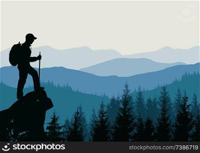 Man standing on top of a mountain. Natural mountain landscape with fir trees. Travel background. Vector illustration
