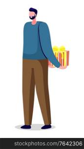 Man standing with colorful gift box with ribbon. Male in casual clothes holding greeting symbol present with pattern. Happy person giving holiday container with bow, surprise on birthday vector. Smiling Male Giving Present Box, Holiday Vector