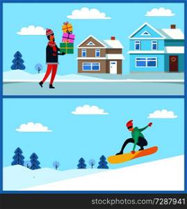 Man standing with gift and snowboarder jumping in air on board, nature in winter, snow and trees, building and wreath on door, vector illustration. Man with Gifts and Snowboarder Vector Illustration