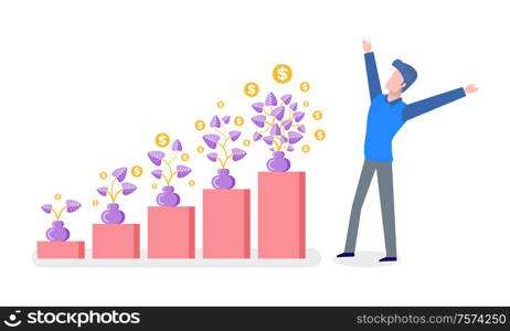 Man standing with hands up, money plant in vase on rising step, finance strategy. Human in casual clothes, portrait view, investment progress vector. Man with Hands Up, Money Plant and Progress Vector
