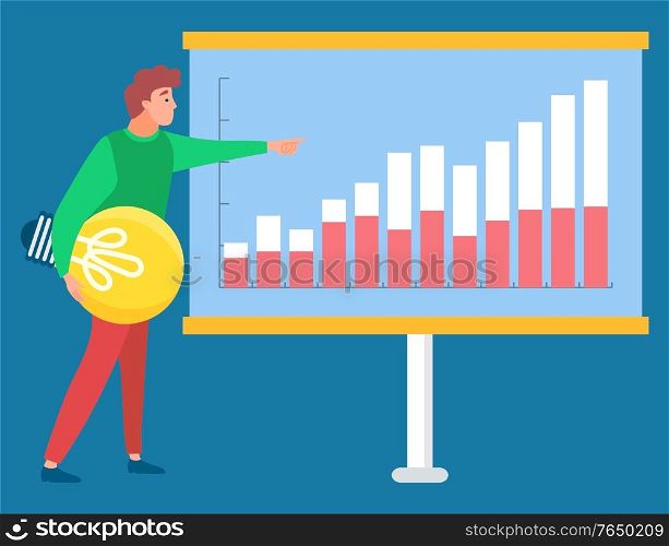 Man standing with light bulb near statistics chart and looking on it. Business tools for innovations and cooperation. Vector illustration flat style. Man Standing near Statistic with Light Bulb Vector