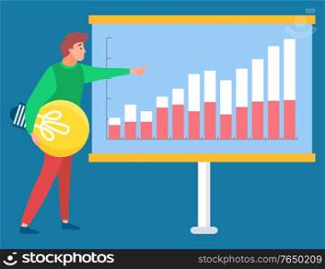 Man standing with light bulb near statistics chart and looking on it. Business tools for innovations and cooperation. Vector illustration flat style. Man Standing near Statistic with Light Bulb Vector