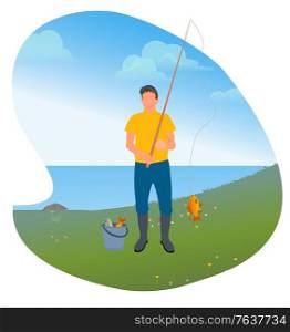 Man standing with rod and fish on it. Person fishing on lake or river. Two fishes in bucket. Male on vacation do favorite hobby. Human in boots, fishery sport. Vector illustration in flat style. Man with Rod and Fish, Fishing Hobby on Lake