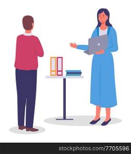 Man stands, back view, woman in long dress with document folders in her hands, round table with folders, papers. Employees, colleagues or office staff. Communicate and work. Flat vector image. Employees communicate in room, table with documents. Office staff, colleagues, meeting in office