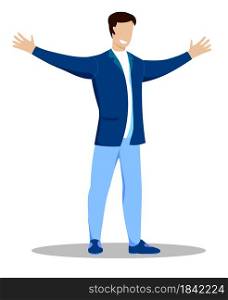 man stands smiling with wide open hands, arms outstretched for friendly greeting. Joy of new meeting. Open gesture of friendliness and acceptance. Vector