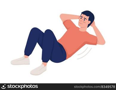 Man strengthening abdominal muscles with exercise semi flat color vector character. Editable figure. Full body person on white. Simple cartoon style illustration for web graphic design and animation. Man strengthening abdominal muscles with exercise semi flat color vector character