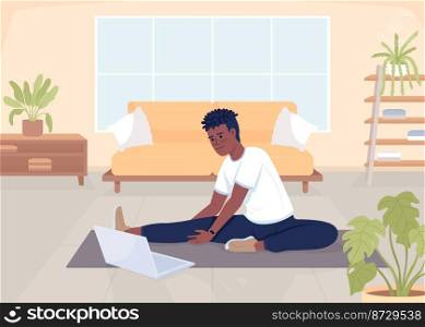 Man stretχng≤gs flat color vector illustration. Sportsman streaming domestic training. Video blog≥r exercising. Fully editab≤2D simp≤cartoon character with living room on background. Man stretχng≤gs flat color vector illustration