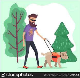 Man strolling in forest among spruces and trees. Person walk with his pet on leash, harness. Hipster in glasses walking domestic dog, labrador or retriever. Vector illustration in flat style. Man Walking with His Dog in Forest, Pet Harness