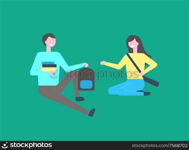 Man student with books and backpack and woman in yellow sweater and blue trousers, bag over shoulders vector cartoon people sitting on floor isolated. Man Student with Books and Backpack, Woman Vector