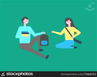 Man student with books and backpack and woman in yellow sweater and blue trousers, bag over shoulders vector cartoon people sitting on floor isolated. Man Student with Books and Backpack, Woman Vector