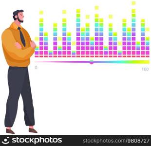 Man studies statistics on presentation. Male character working with report. Manager working and analyzing financial statistic. Male marketer examines information about metrics. Data screen with charts. Man studies statistics on presentation. Male character while working or studying with report