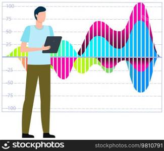 Man studies statistics on presentation. Male character working with report. Manager working and analyzing financial statistic. Male marketer examines information about metrics. Data screen with charts. Man studies statistics on presentation. Male character while working or studying with report