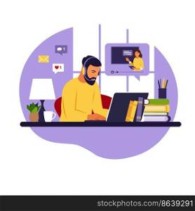 Man study at computer. Online learning concept. Video lesson. Distance study. Can use for web banner, infographics, hero images. Vector illustration. Flat style.