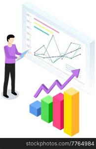 Man study complex diagram on background. Analyze graphs and charts concept. Guy working with data. Male character while looking at graph growth dynamics. Indicators shown on statictical poster. Man study complex diagram on background. Indicators shown on statictical poster. Guy works with data
