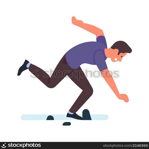 Man stumble over rock. Guy falling. Dangerous ground. Vector illustration. Man stumbled over rock. Guy falling down