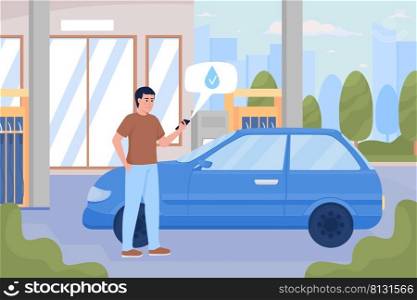 Man successfully refueling car at gas station flat color vector illustration. Gasoline fuel for customers. Fully editable 2D simple cartoon characters with modern cityscape on background. Man successfully refueling car at gas station flat color vector illustration