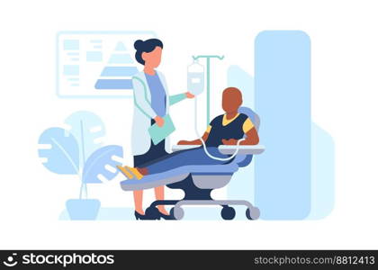 Man suffering from cancer disease. Patient receiving chemotherapy under care of physician. Hospital treatment. Oncology sickness. Ill bald male lying on clinic bed with medical dropper. Vector concept. Man suffering from cancer disease. Patient receiving chemotherapy under care of physician. Hospital treatment. Oncology sickness. Ill male lying on bed with medical dropper. Vector concept
