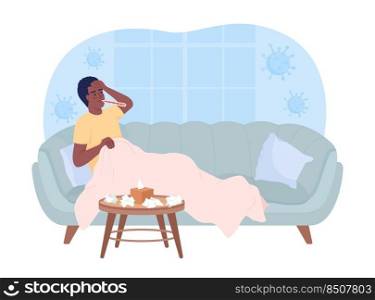 Man suffering from cold at home 2D vector isolated illustration. Virus infection. Sick flat character on cartoon background. Healthcare colourful editable scene for mobile, website, presentation. Man suffering from cold at home 2D vector isolated illustration