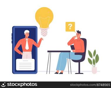 Man suggesting creative idea from mobile phone screen. Employee sitting at desk and talking to colleague. Smart male worker sharing business idea or solution. Light bulb innovation concept vector. Man suggesting creative idea from mobile phone screen. Employee sitting at desk and talking to colleague