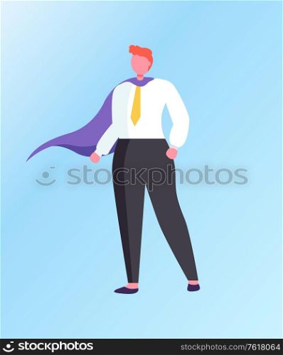 Man superhero isolated cartoon character. Vector businessman, powerful leader ready to solve tasks, confident male in tie and purple cloak, leadership. Man Superhero Isolated Cartoon Character. Vector