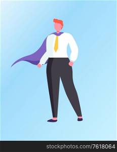 Man superhero isolated cartoon character. Vector businessman, powerful leader ready to solve tasks, confident male in tie and purple cloak, leadership. Man Superhero Isolated Cartoon Character. Vector