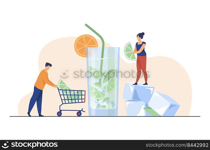 Man supplying ingredients to woman making drink. Cocktail, bar, refreshing drinks Flat vector illustration. Beverage concept can be used for presentations, banner, website design, landing web page