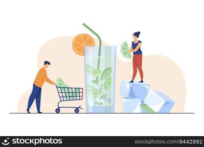 Man supplying ingredients to woman making drink. Cocktail, bar, refreshing drinks Flat vector illustration. Beverage concept can be used for presentations, banner, website design, landing web page