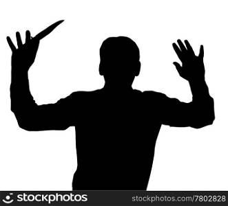 Man surrendering while holding knife in one hand
