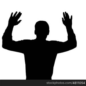 Man surrendering with both hands raised in air