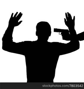 Man surrendering with gun against his head