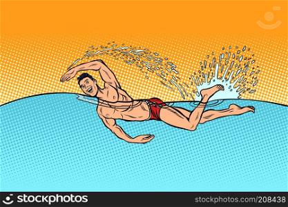 man swimmer swims. Pop art retro vector illustration vintage kitsch. man swimmer swims
