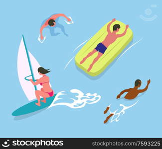 Man swimming in water, person lying on inflatable mattress, woman windsurfing, summer water activities. full length view of woman and man in sea vector. Man and Woman Swimming in Water, Swimmer Vector