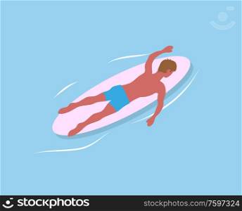 Man swimming on surfboard isolated on blue sea waters. Vector surfboarder relaxing in calm pool, extreme sport and cartoon character in trousers, back view. Man Swimming on Surfboard Isolated in Sea Waters
