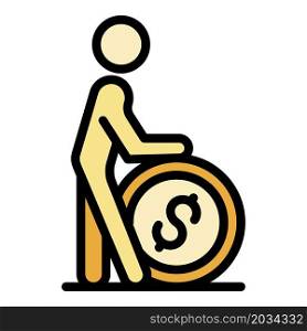 Man take big coin icon. Outline man take big coin vector icon color flat isolated. Man take big coin icon color outline vector