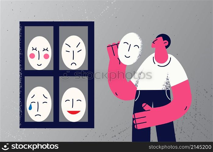 Man take mask from shelf change emotions and moods suffer from psychological problem. Male emotional instability. Guy have personality or bipolar disorder. Flat vector illustration. . Man take mask from shelf change emotions