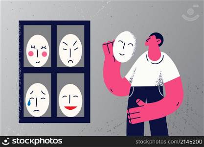 Man take mask from shelf change emotions and moods suffer from psychological problem. Male emotional instability. Guy have personality or bipolar disorder. Flat vector illustration. . Man take mask from shelf change emotions